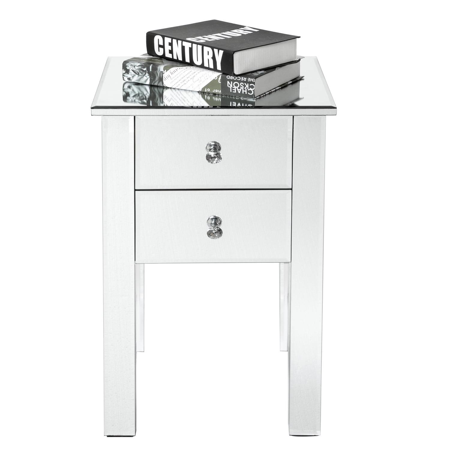 Veryke Modern Mirrored Nightstand, Glass Bedside Table with 2 Drawers - Silver