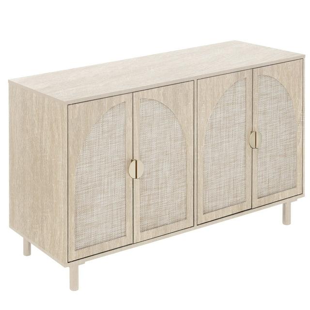 Topcobe Rattan Cabinet, Modern Sideboard, Buffet Storage Cabinet, Accent Cabinet with 4 Doors for Living Room Kitchen Hallway, Natural