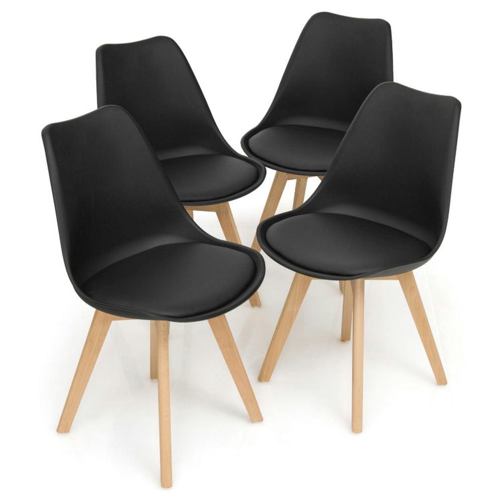 Set of 4 Black Upholstered Leather Side Chairs with Wood Legs