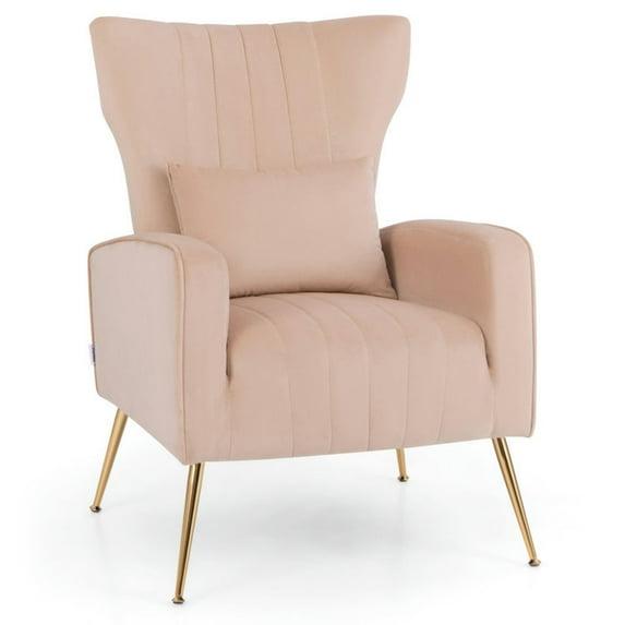 Kepooman Accent Chair, Modern Sofa Chair, Wingback Club Chairs,Velvet Upholstered Wingback Chair with Lumbar Pillow and Golden Metal Legs-Pink