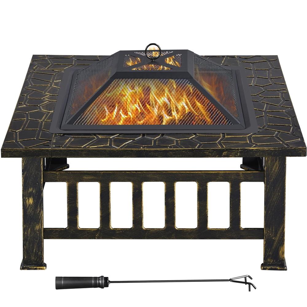 Topeakmart 32'' Outdoor Metal Square Fire Pit with Cover & Poker, Bronze