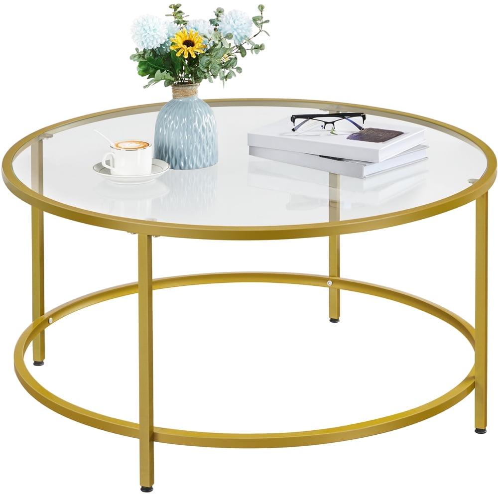 Gold Round Glass Coffee Table with Metal Frame, 36 Inch