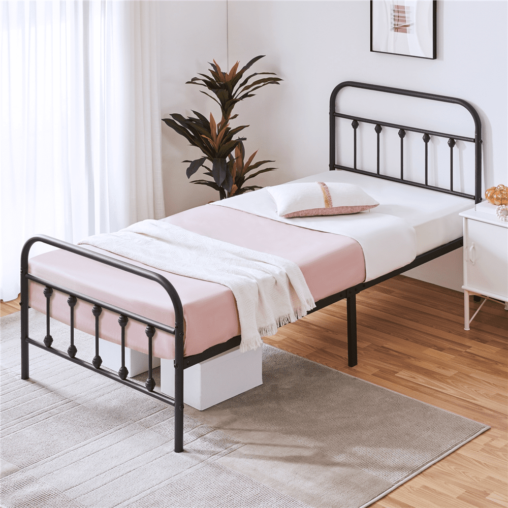 Classic Iron Platform Bed with High Headboard and Footboard