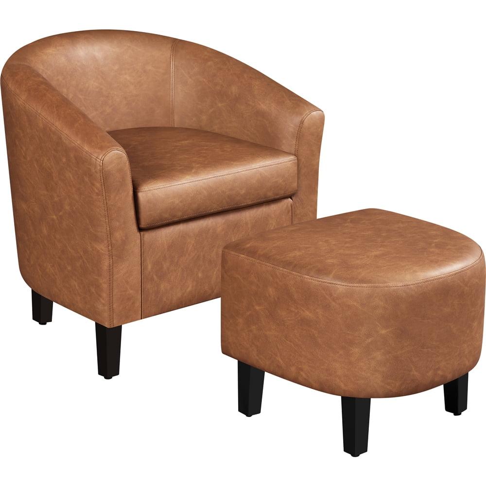 Brown Faux Leather Barrel Accent Chair with Ottoman