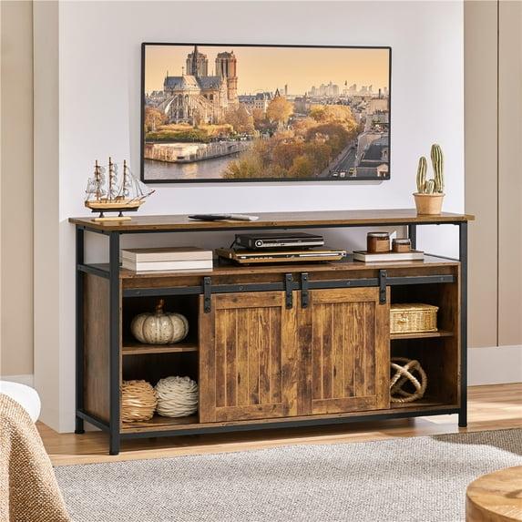 Alden Design Industrial Wooden Television Stand with Sliding Barn Doors for TVs up to 65in, Rustic Brown