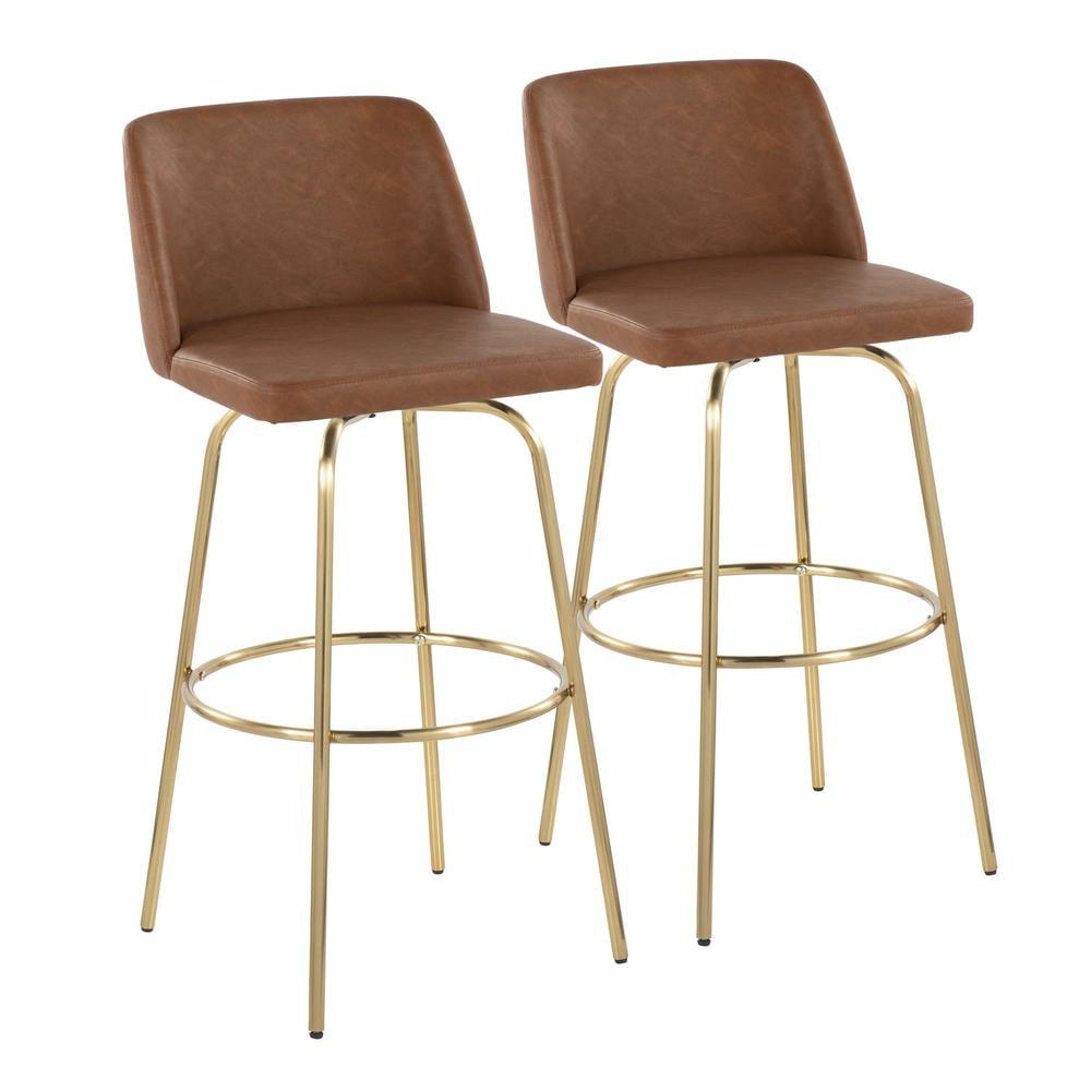 Toriano 30" Contemporary Fixed-Height Barstool With Swivel In Camel Faux Leather And Gold Metal With Round Footrest - Set Of 2