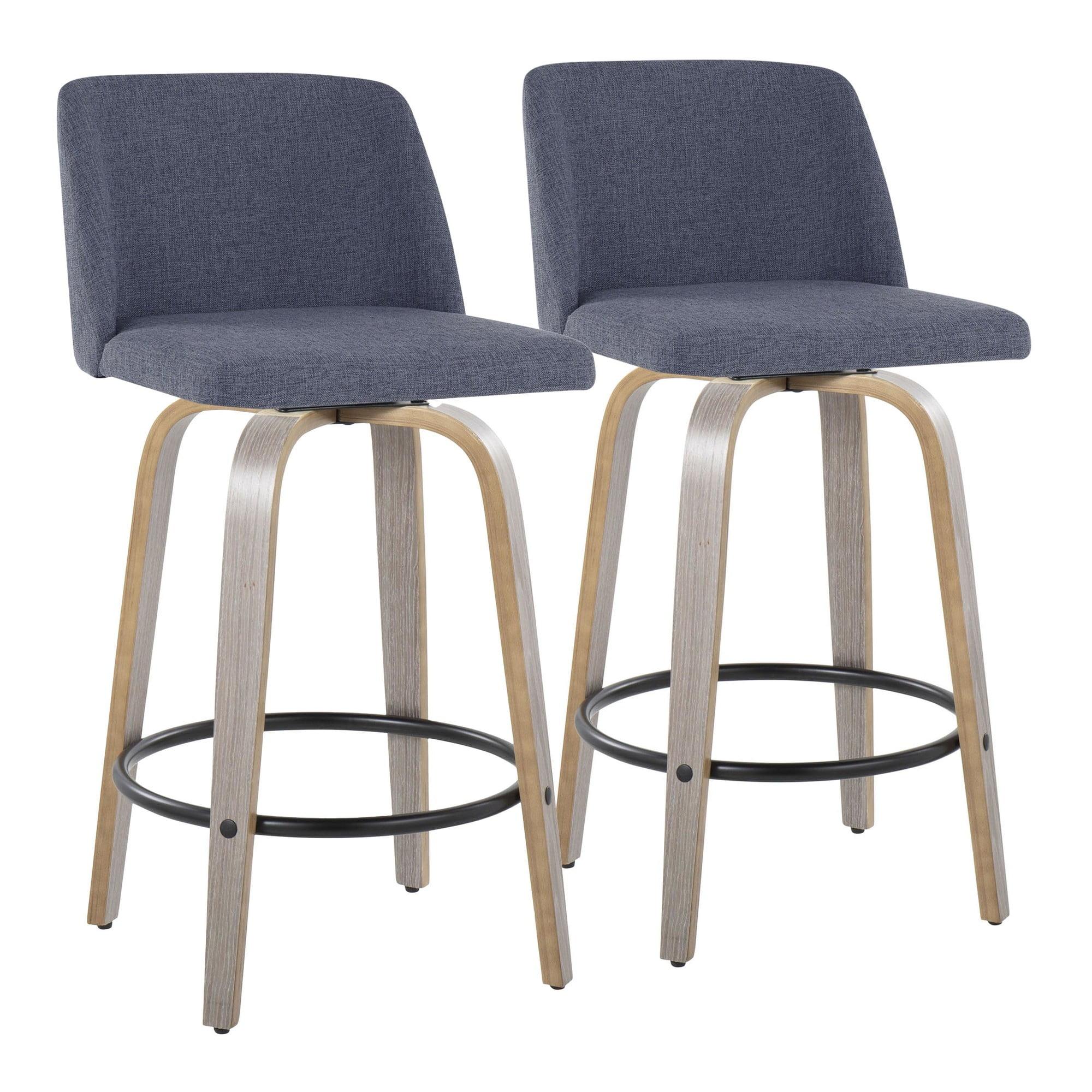 Toriano Blue Fabric Swivel Counter Stools with Wood Legs, Set of 2