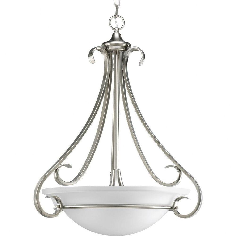 Progress Lighting Torino 3-Light Inverted Pendant, Brushed Nickel, Etched White Glass Bowl, Porcelain Material