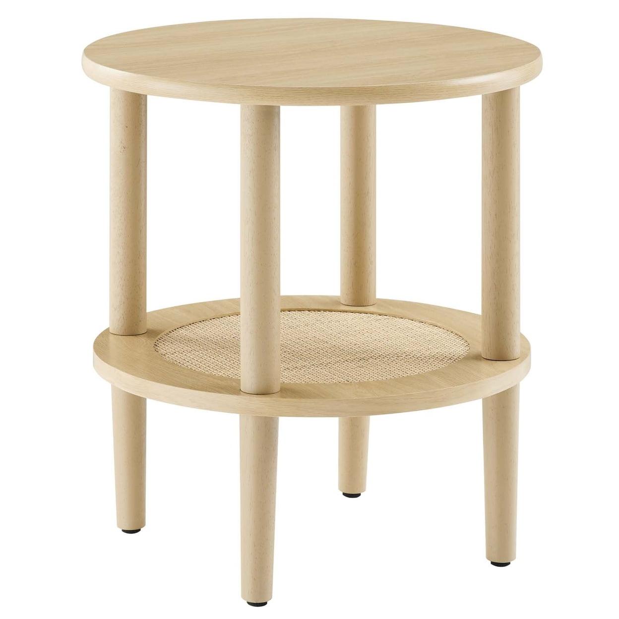 Torus Oak Round Two-Tier Side Table with Rattan Shelf