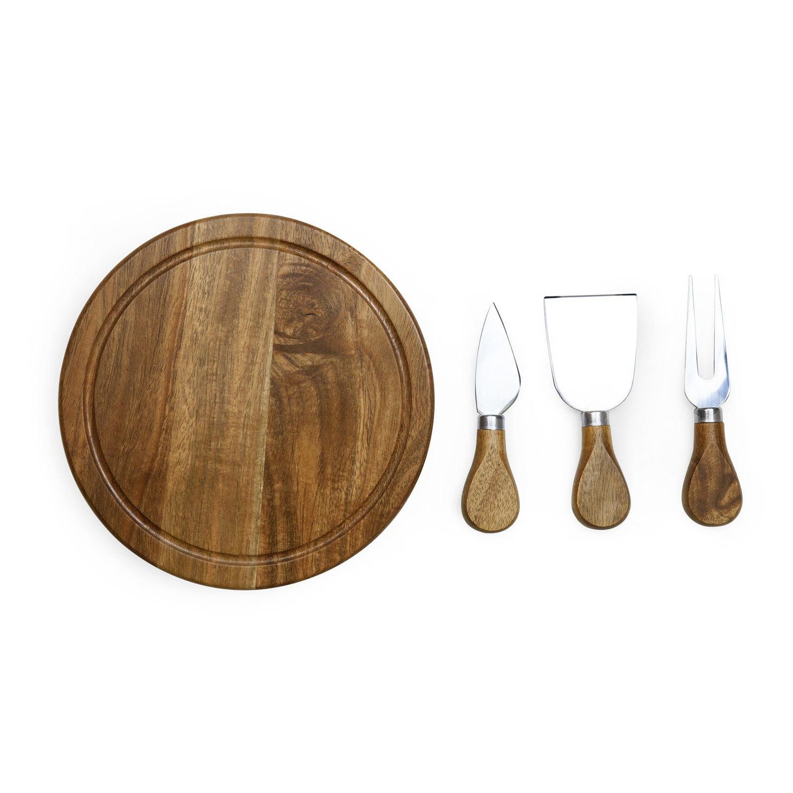 Acacia Round Cheese Board Set - Picnic Time: Charcuterie & Cutting Board, Lightweight Acacia, 7.5" Brown