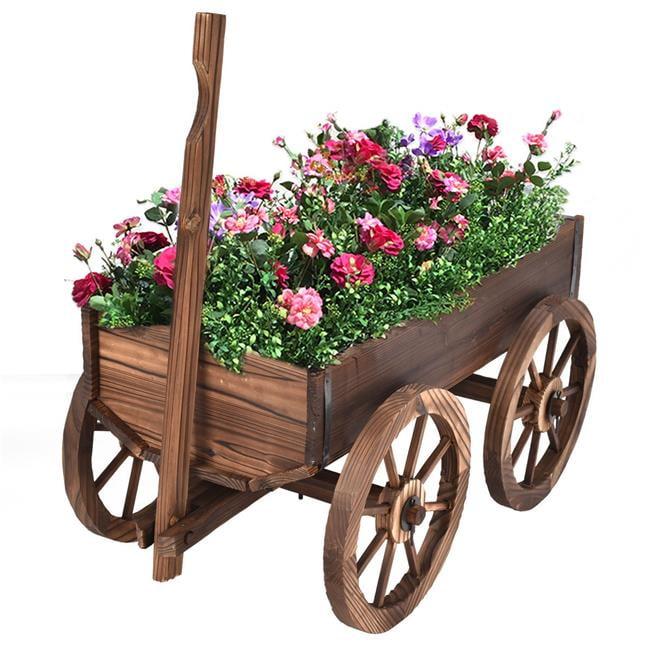 Tangkula Outdoor Flower Planter Wood Wagon Decoration Wheels