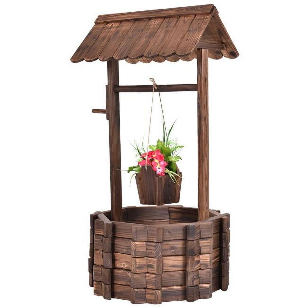 Rustic Fir Wood Outdoor Wishing Well Planter with Bucket