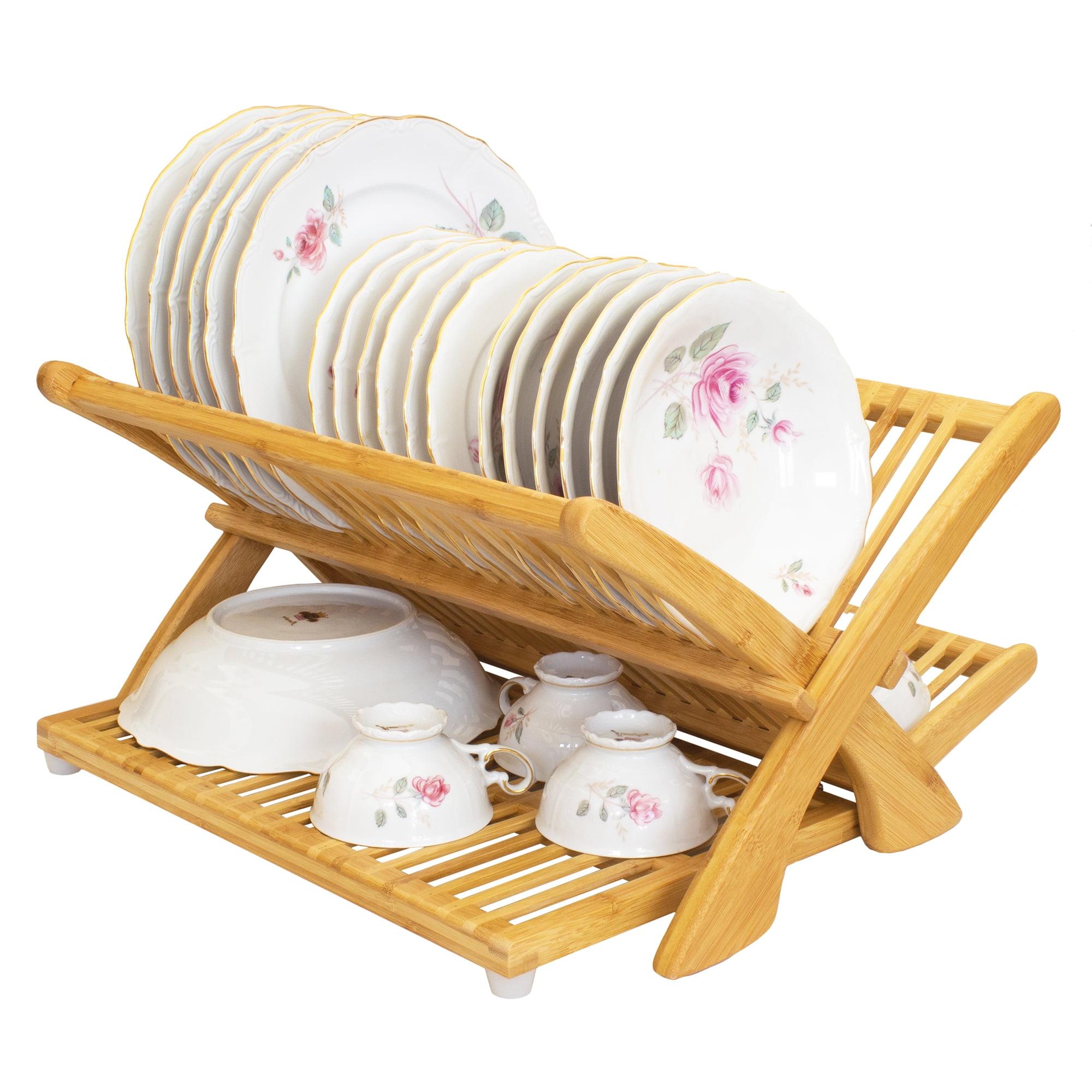 Natural Bamboo Foldable Dish Drying Rack with Utensil Cup