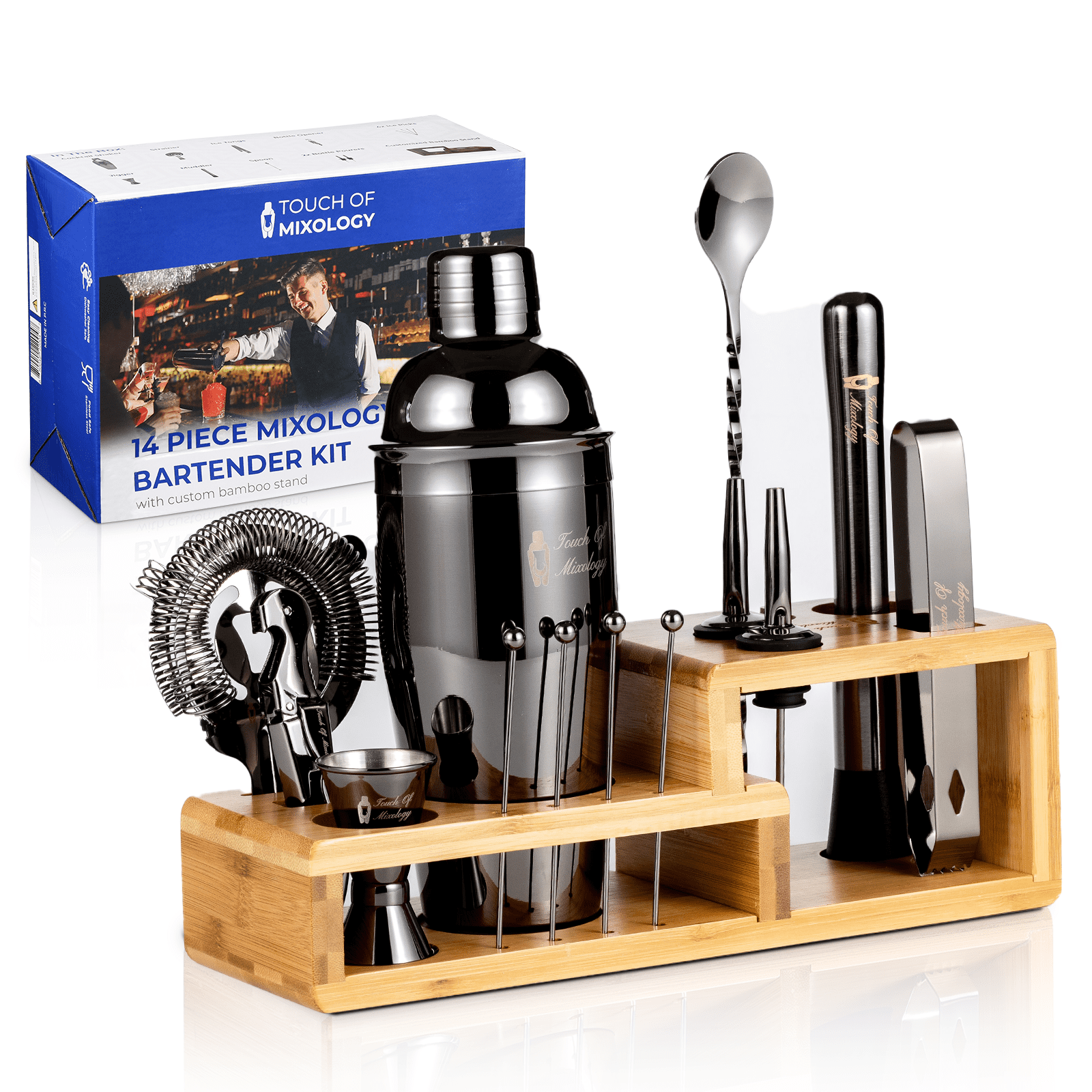 Touch of Mixology 14 Piece Dark Metallic Stainless Steel Bartender Kit with Bamboo Stand