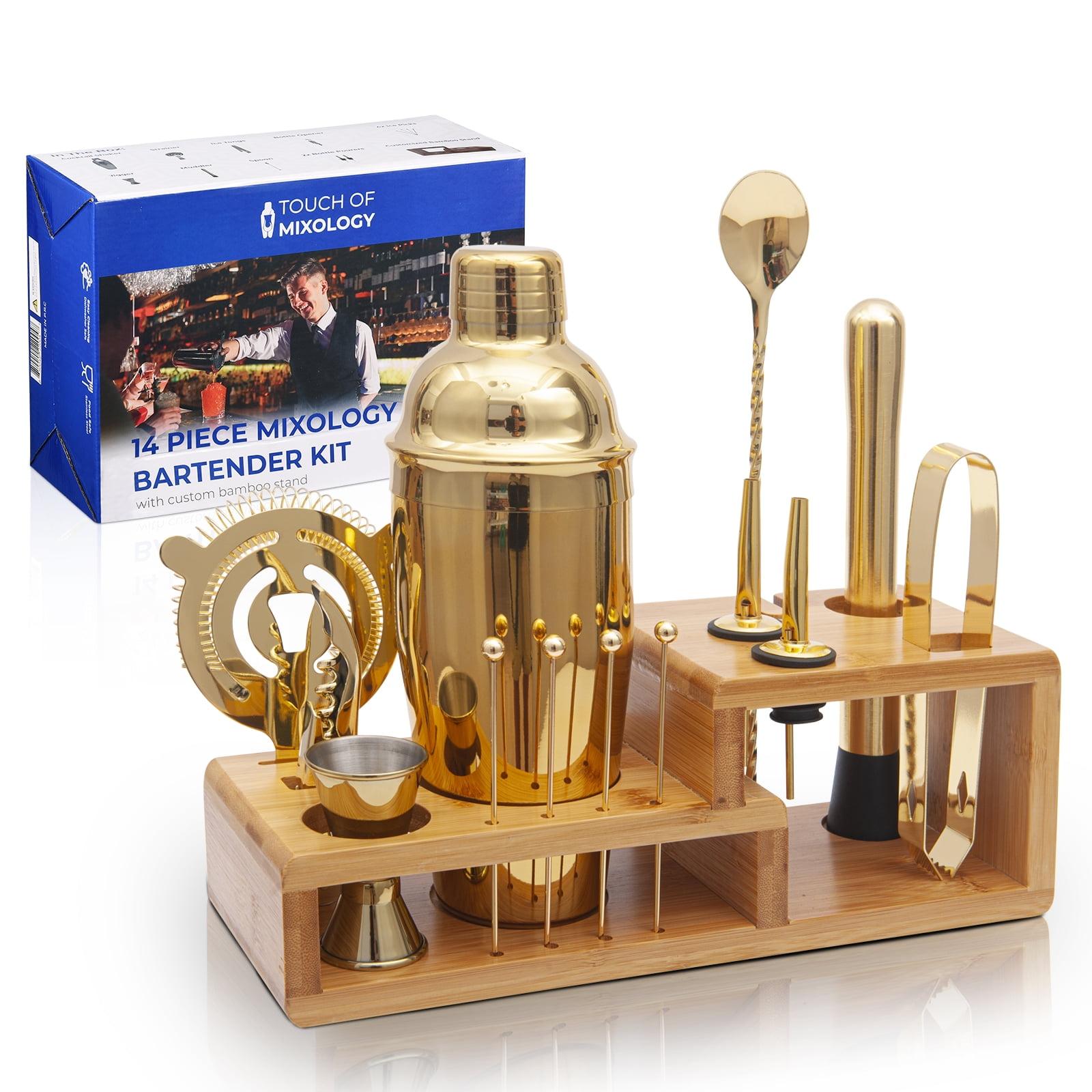 Gold Stainless Steel 14-Piece Bartender Kit with Bamboo Stand