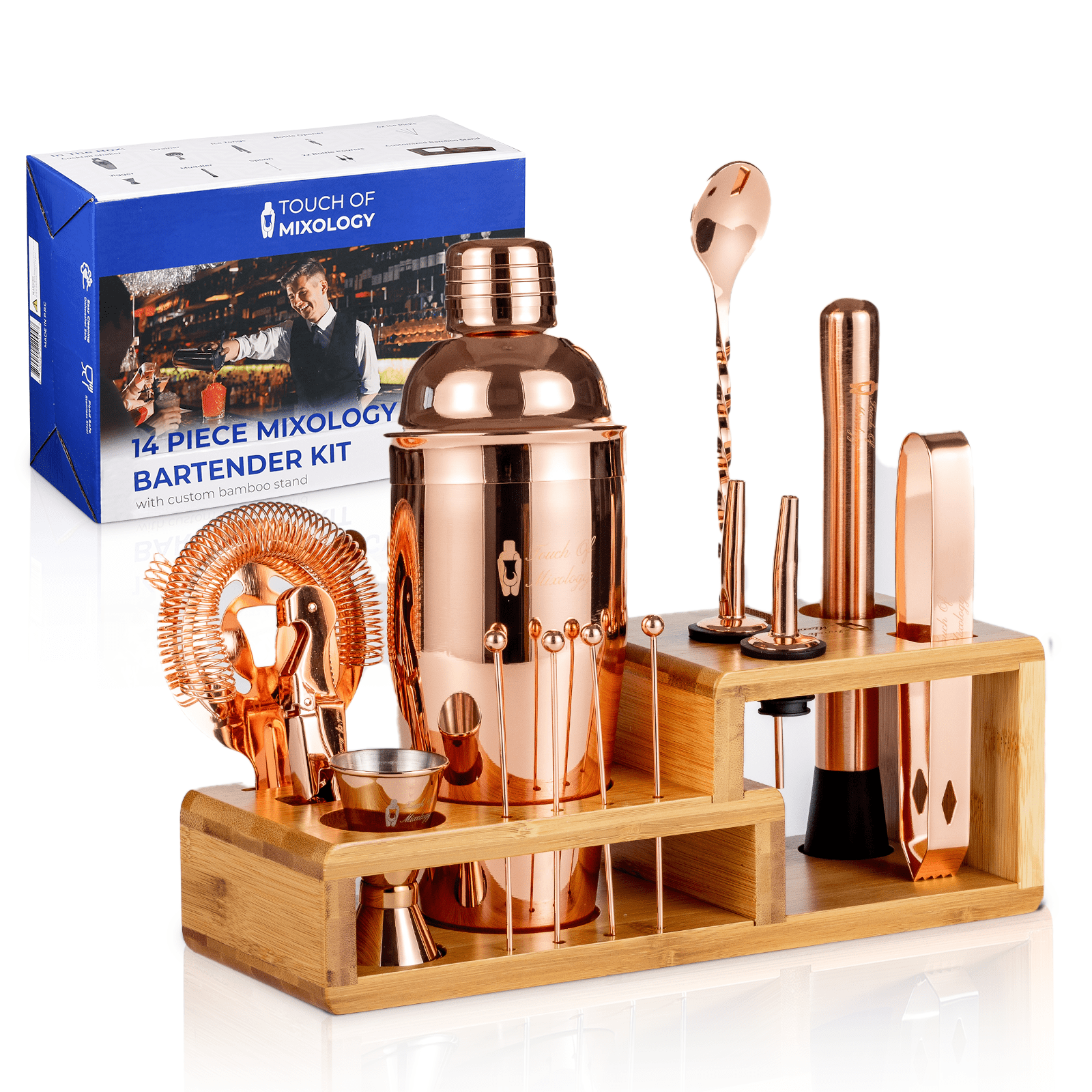 Rose Gold Stainless Steel Bartender Kit with Bamboo Stand