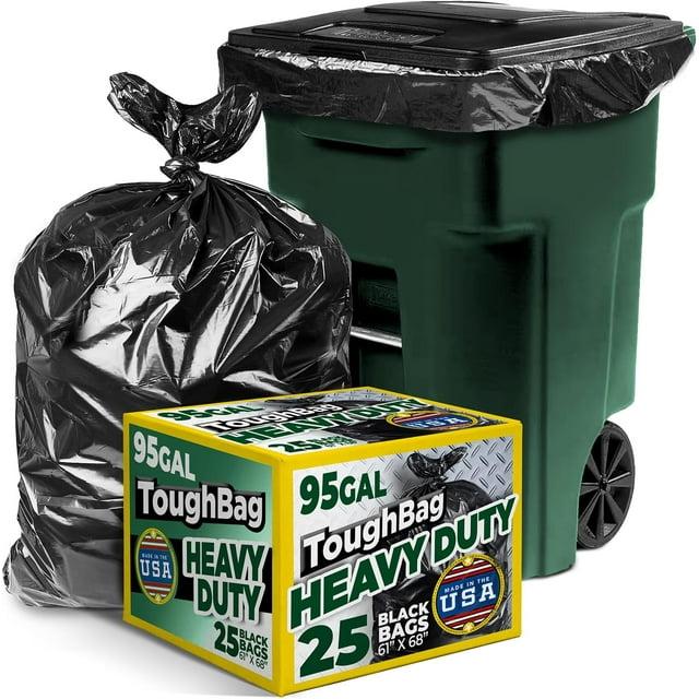 ToughBag 95-96 Gallon Trash Bags (25 Count) Heavy-Duty Trash Can Liners, 1.2 Mil Thick, 61x68" - Made In USA