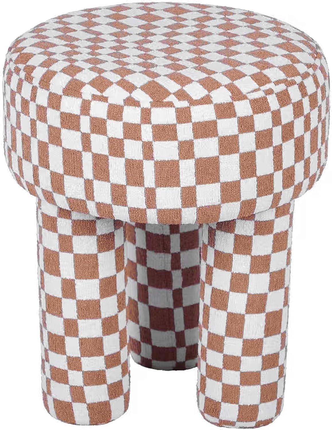 TOV Furniture Claire Checkered Boucle Ottoman Stool in Brown and White