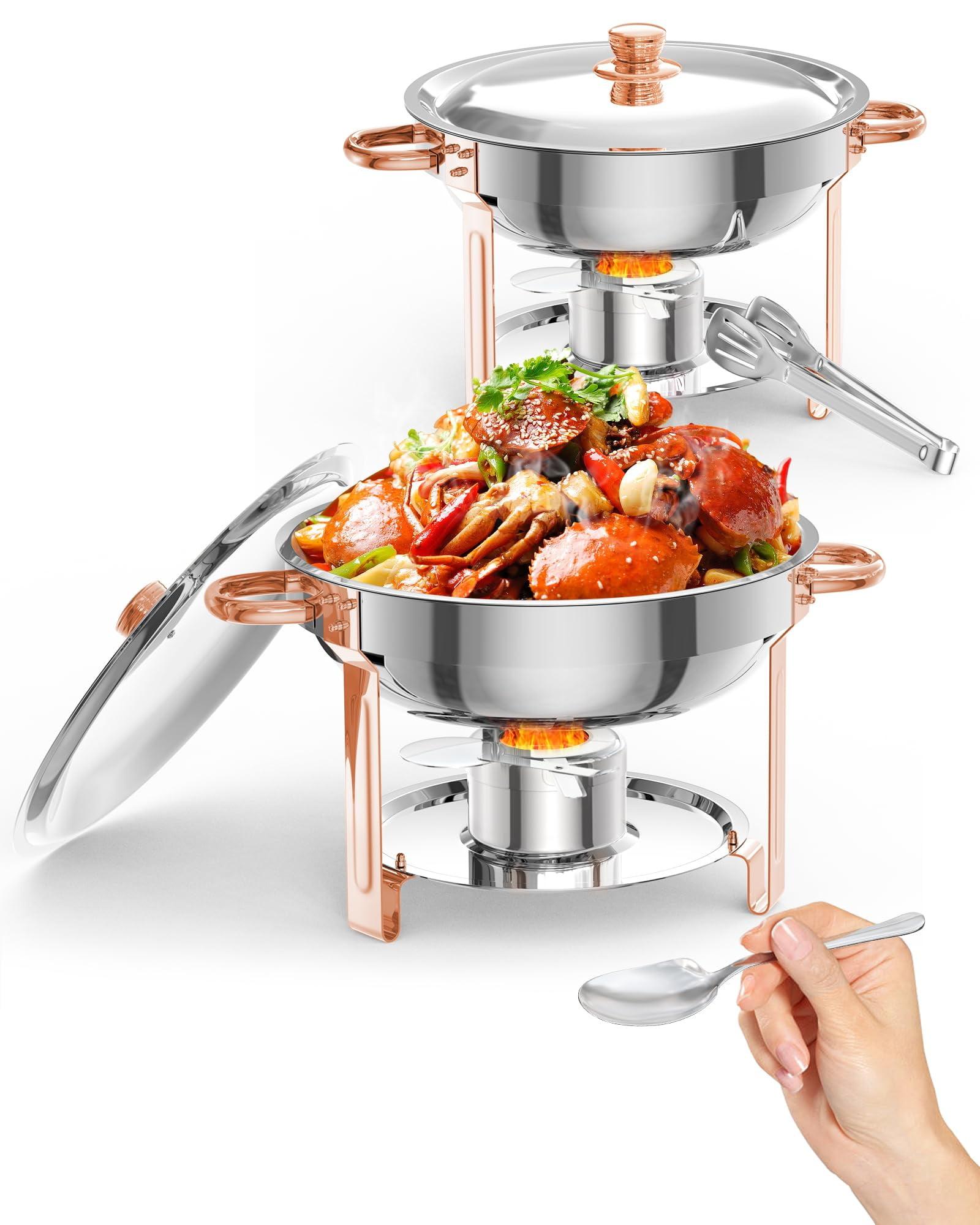 5QT round chafing dish buffet set (2-pack) in Rose Gold, NSF-certified stainless steel with lid, spoon, and tweezer, ideal for catering and events.