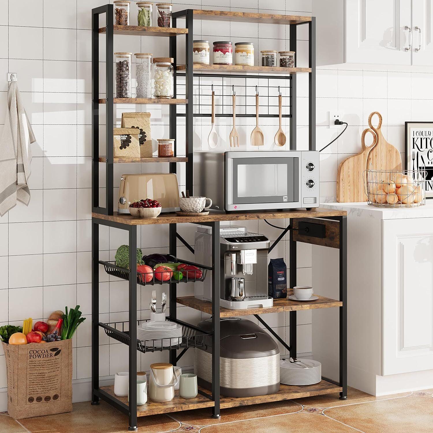 Towallmark Bakers Rack with Power Outlet, Microwave Stand with 2 Wire Drawer, Industrial Coffee Bar Station, 7-Tier Kitchen Bakers Rack with Large Storage for Spice, Pots Organizer, Rustic Brown