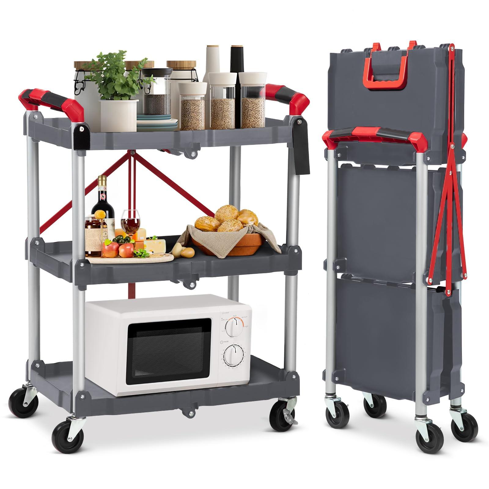 Gray and Red 3-Tier Folding Aluminum Utility Cart