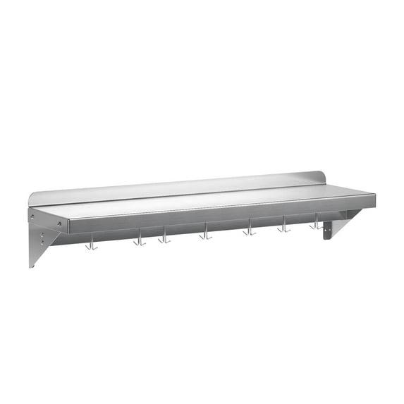 Towallmark Stainless Steel Shelf, NSF Commercial Shelf Wall Mounted, Wall Shelf Floating Shelving for Restaurant, Kitchen, Home, Hotel, 48 x 12 Inches Flat Surface with 7 Hooks