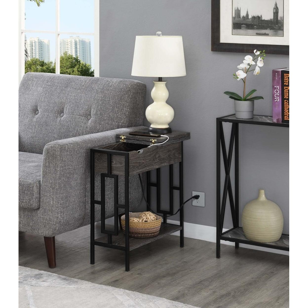 Weathered Gray and Black Wood-Metal End Table with Charging Station