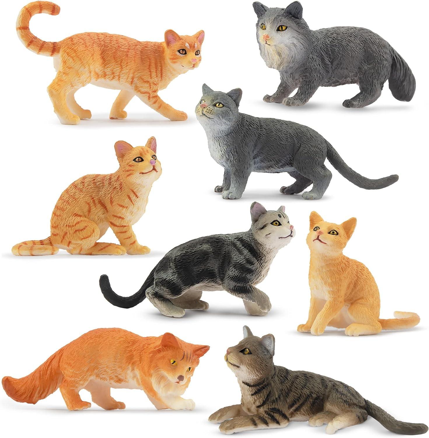 Toymany 8-Piece Grey & Orange Cat Figurine Set, Realistic Kitten Toys, Educational Gift for Kids, Cake Toppers & School Projects