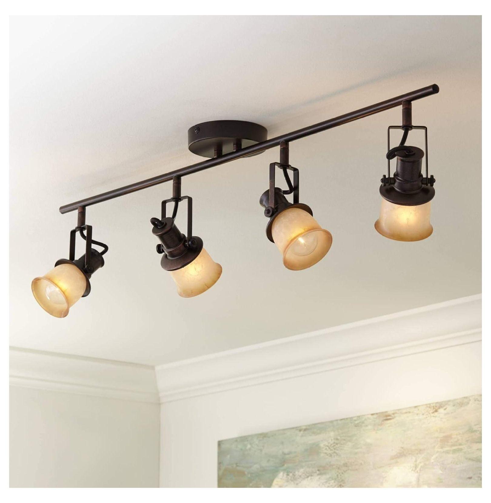 Pro Track 4-Head Ceiling or Wall Track Light Fixture Kit Spot Light Directional Brown Bronze Finish Amber Glass Traditional Kitchen Bathroom 34" Wide