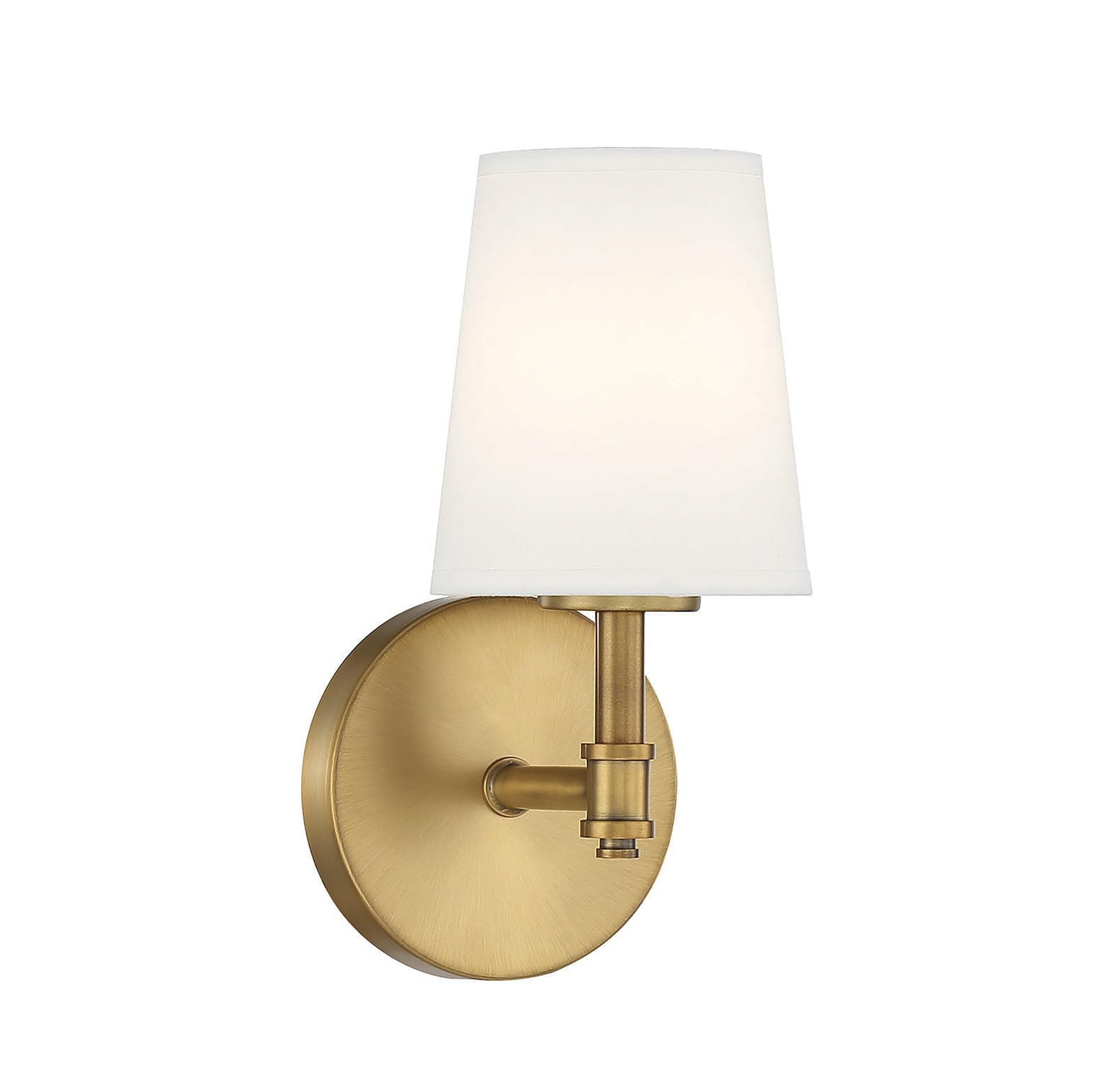 Natural Brass Dimmable Wall Sconce with White Linen Shade