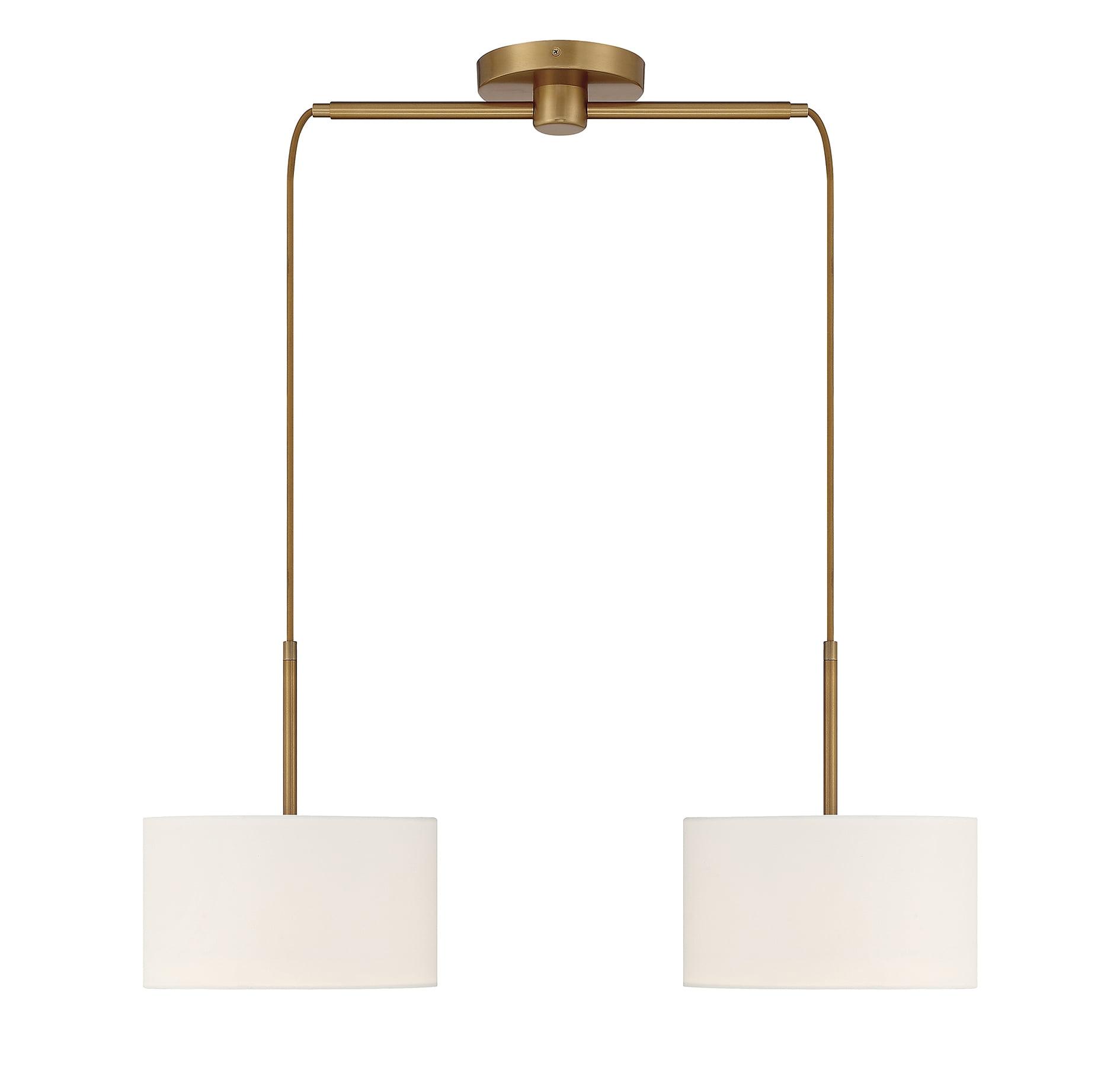 Libra Adjustable 2-Light Linear Chandelier in Natural Brass with White Drum Shades