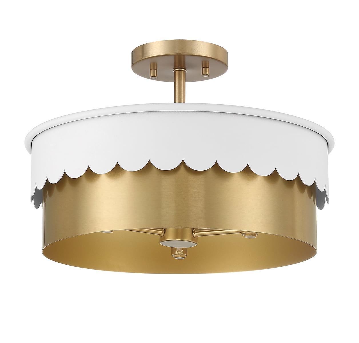 Meridian 16" White and Natural Brass 3-Light Drum Semi-Flush Mount