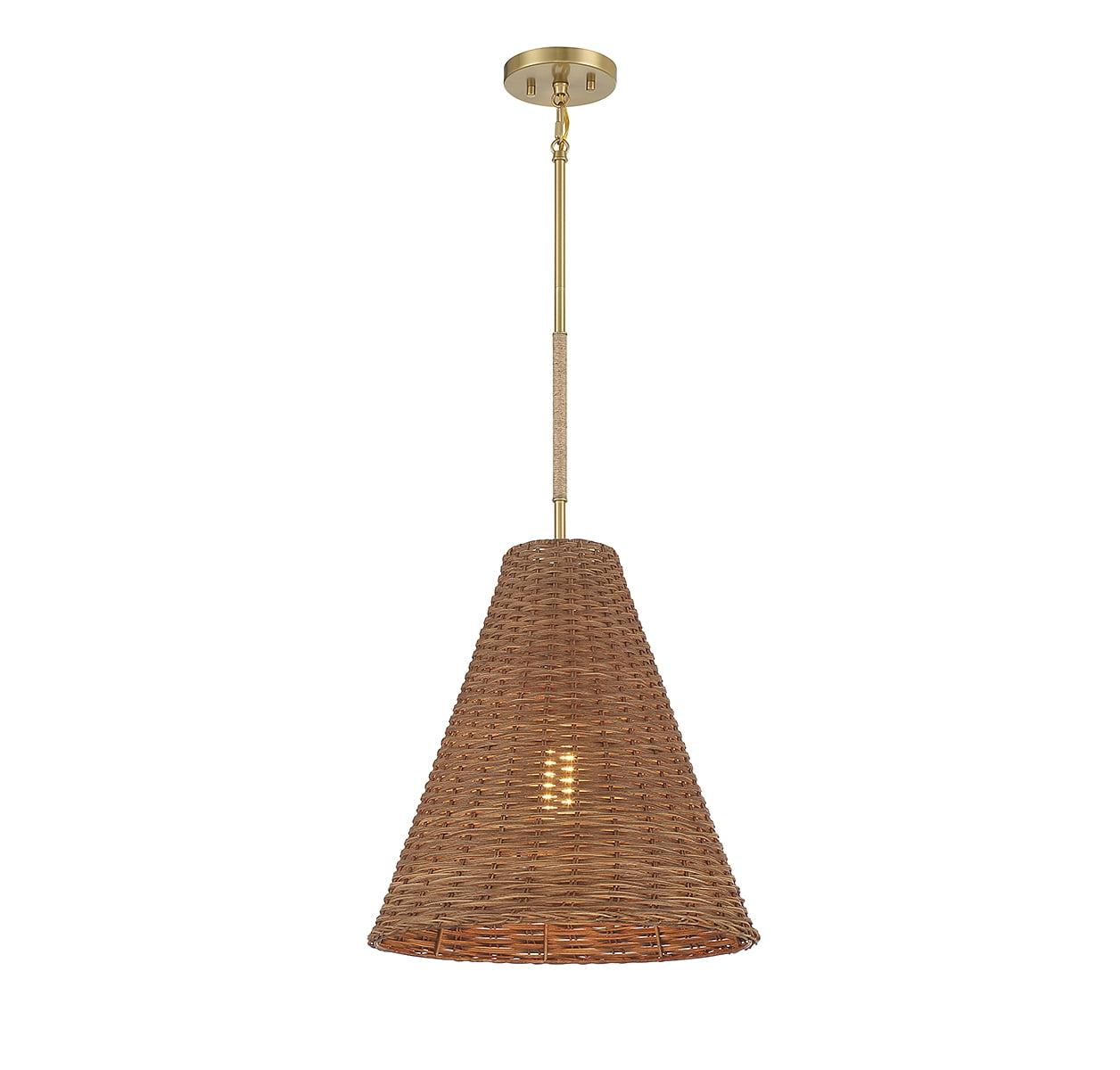 Natural Brass and Rattan Cone Pendant Light with Adjustable Height