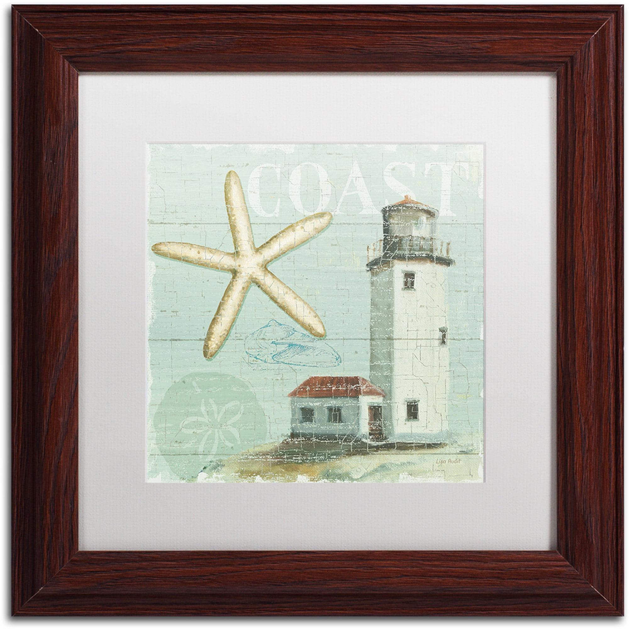 Coastal Lighthouse and Starfish Graphic Art on Canvas with Brown Wood Frame