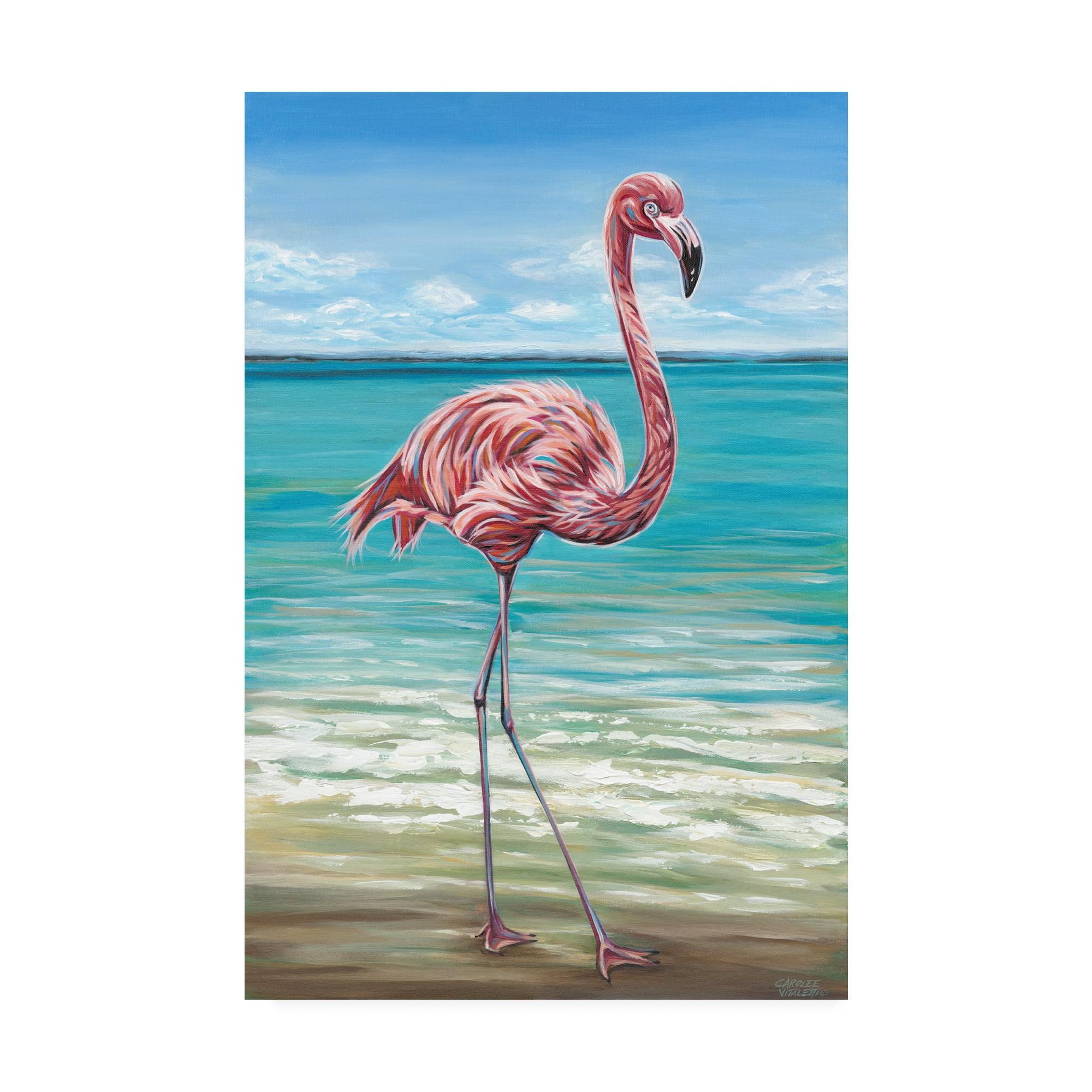 Beach Walker Flamingo Coastal Canvas Art in Blue and Pink