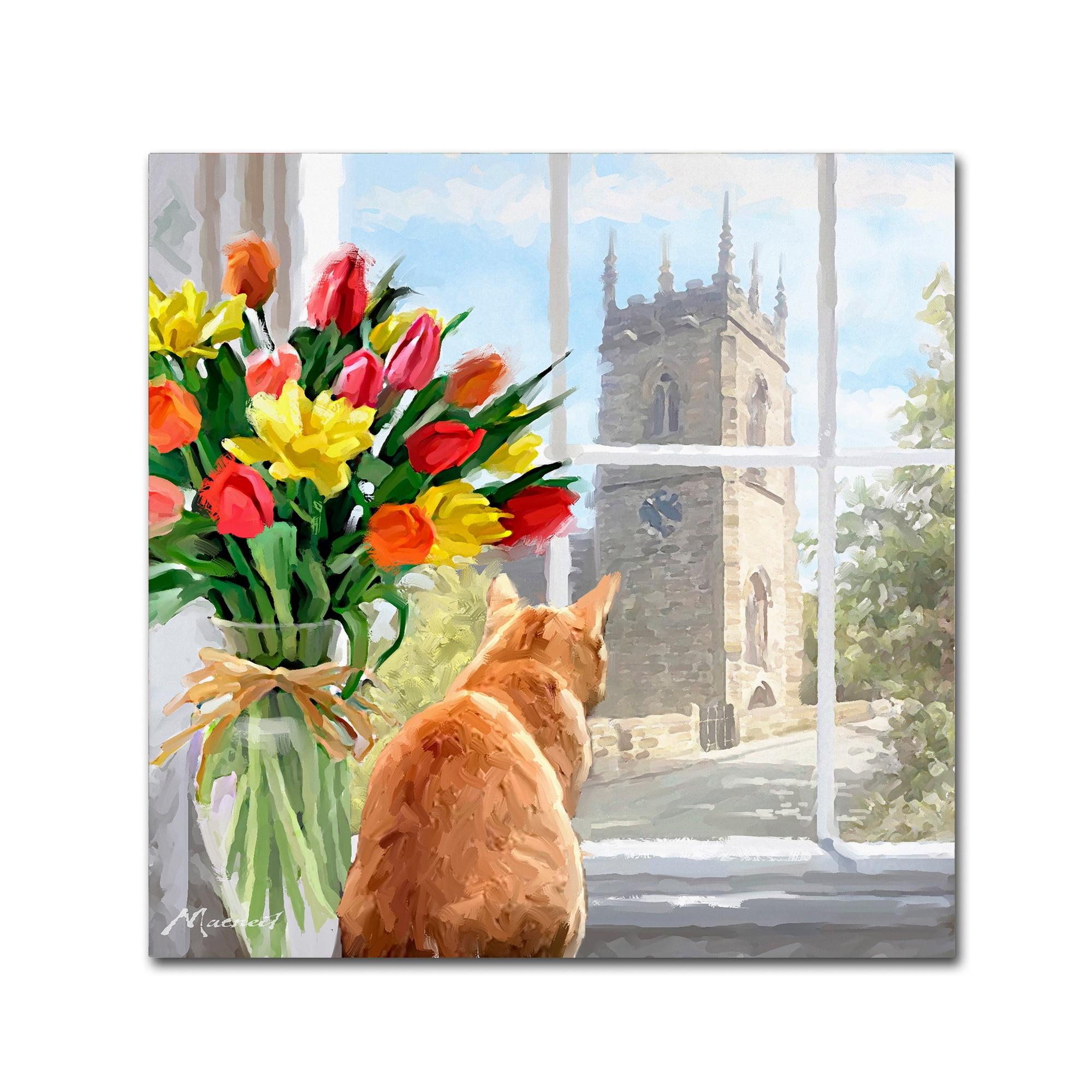 Cat and Floral Still Life Framed Canvas Art, 14x14