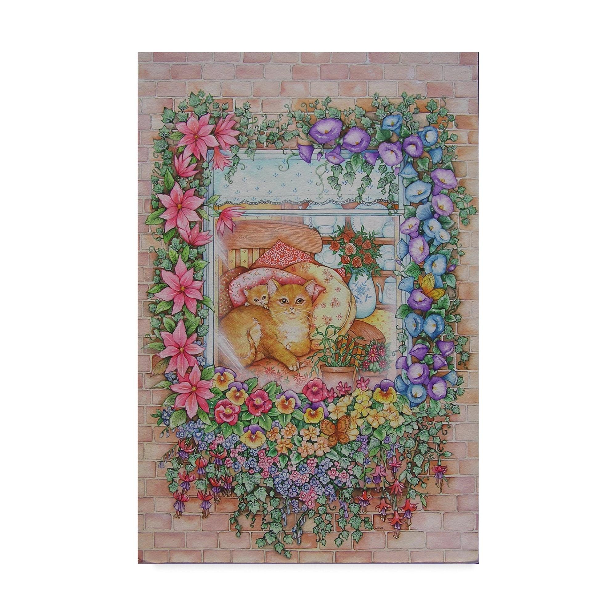 Floral Framed Cats at the Window Canvas Art