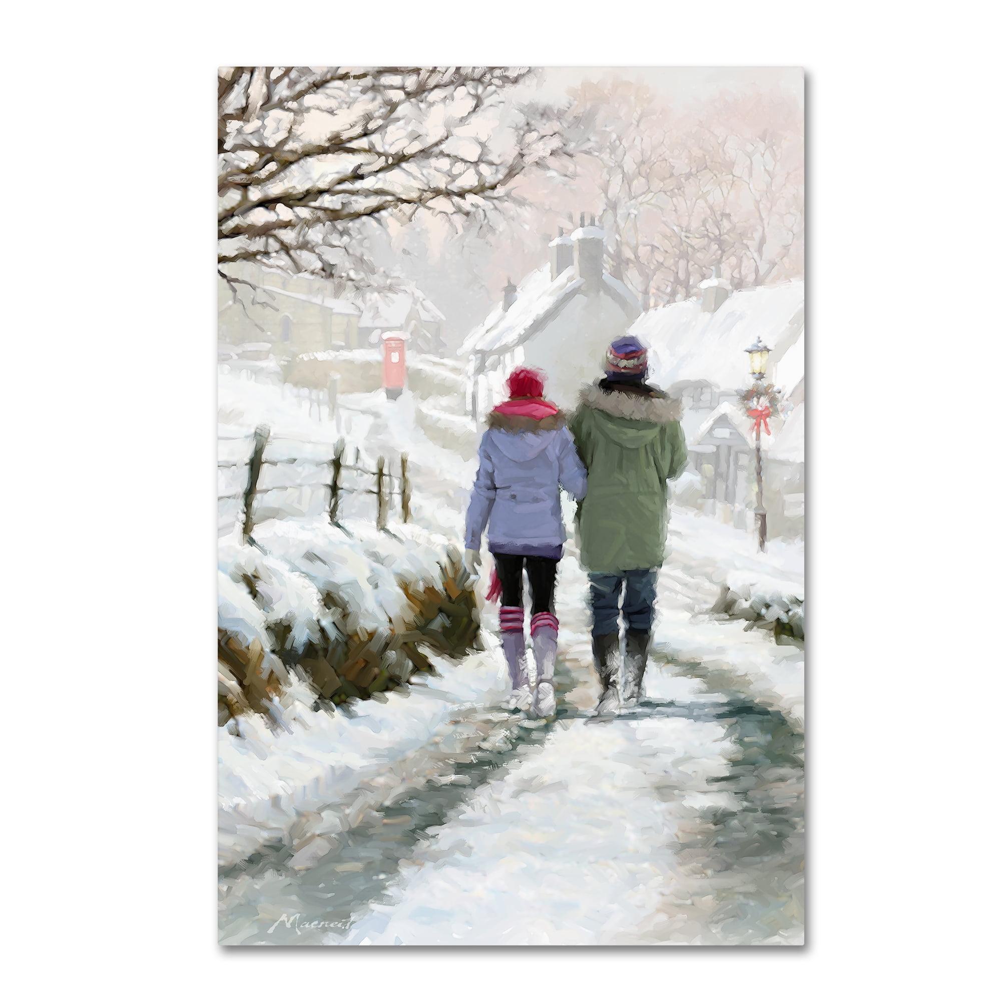 Couple in Snow Scenic Modern Gallery-Wrapped Canvas Art