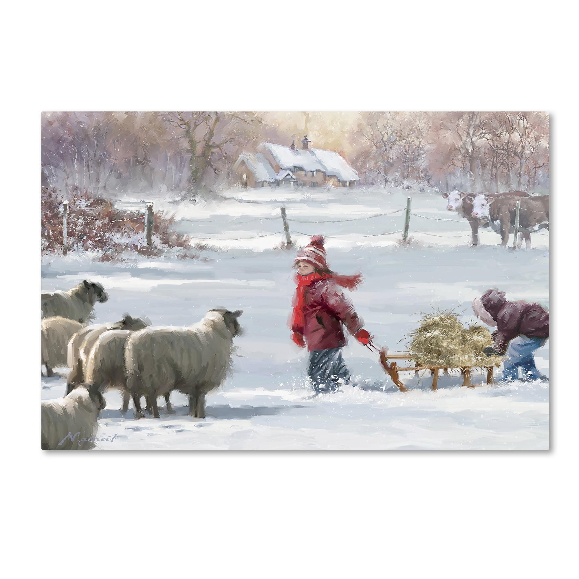 Winter Scene Children Feeding Sheep Canvas Art