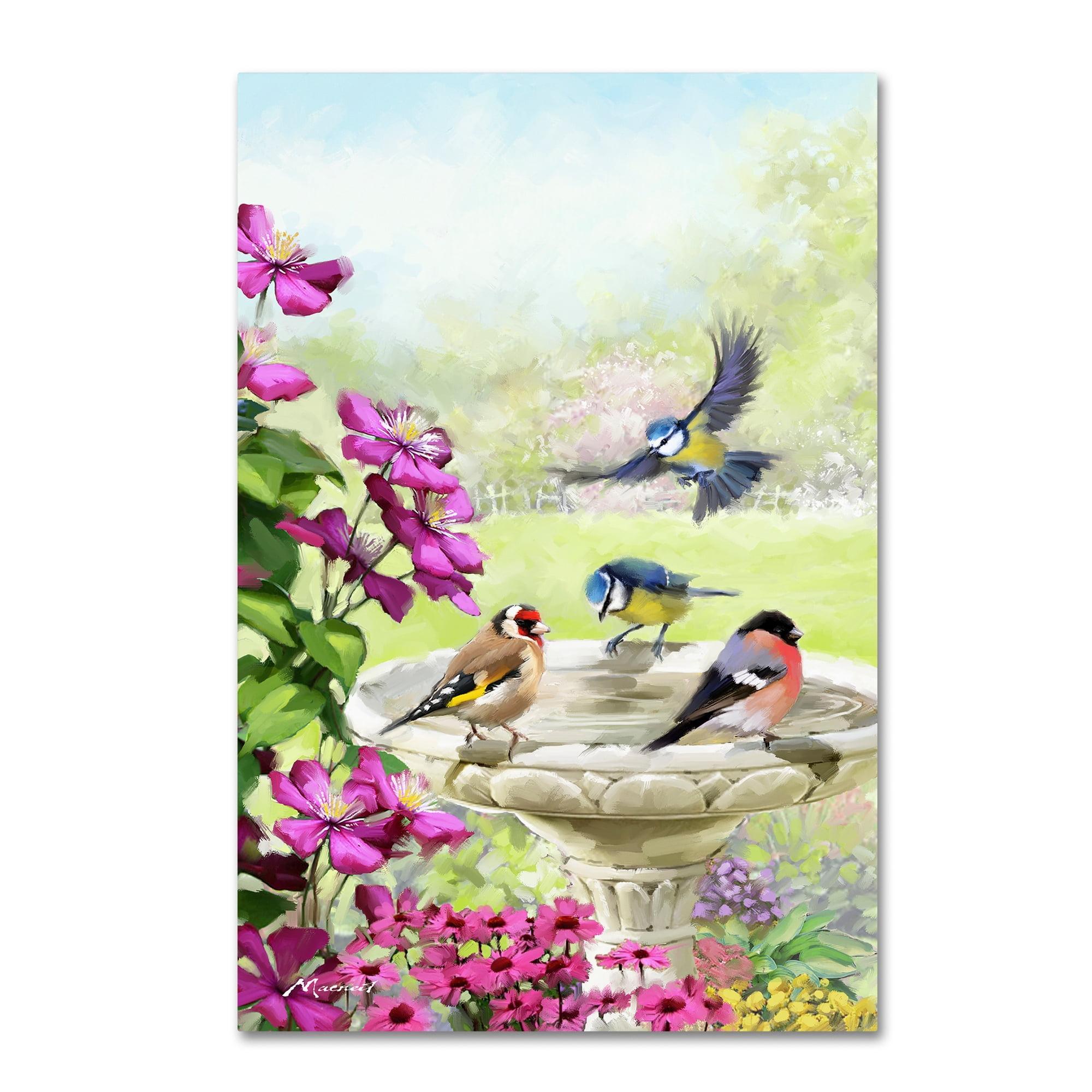 Garden Birds at Birdbath Modern Canvas Art