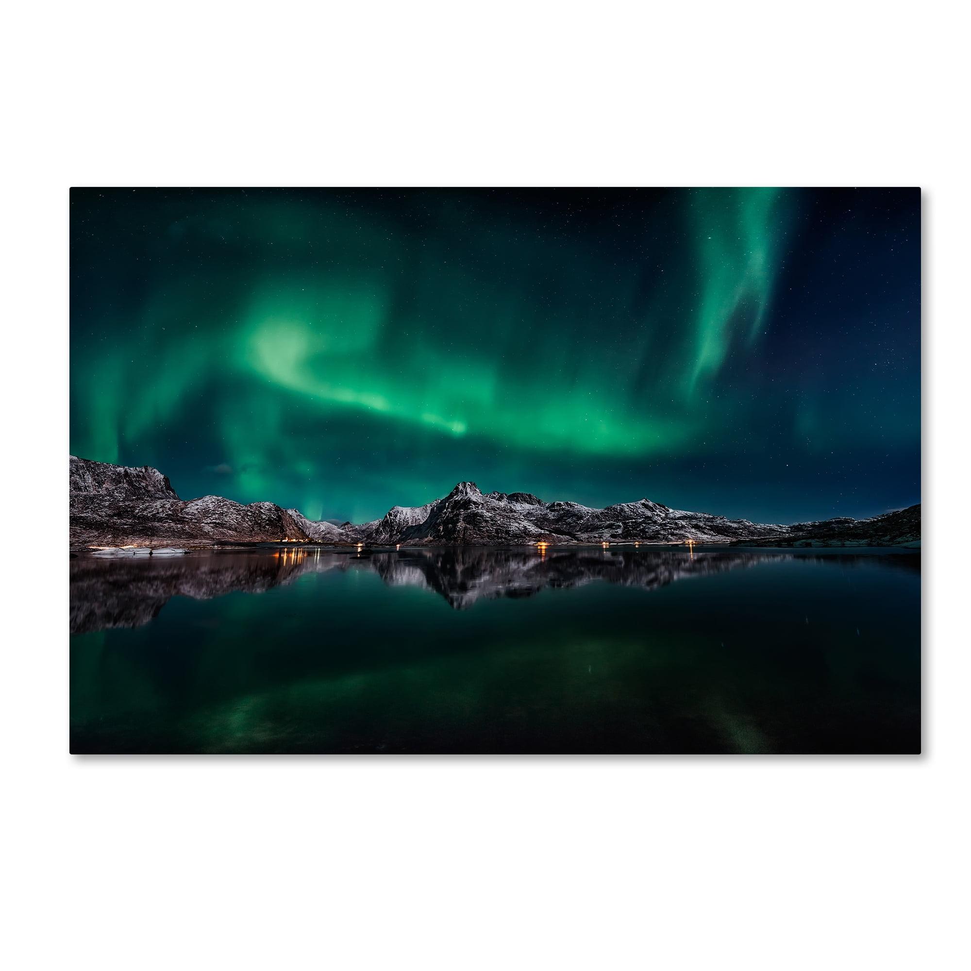 Lofoten Aurora Reflection Framed Landscape Canvas Art