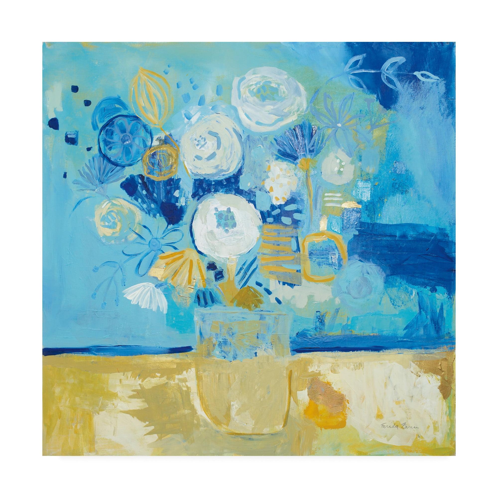 Large Blue and Gold Floral Canvas Art with Frame