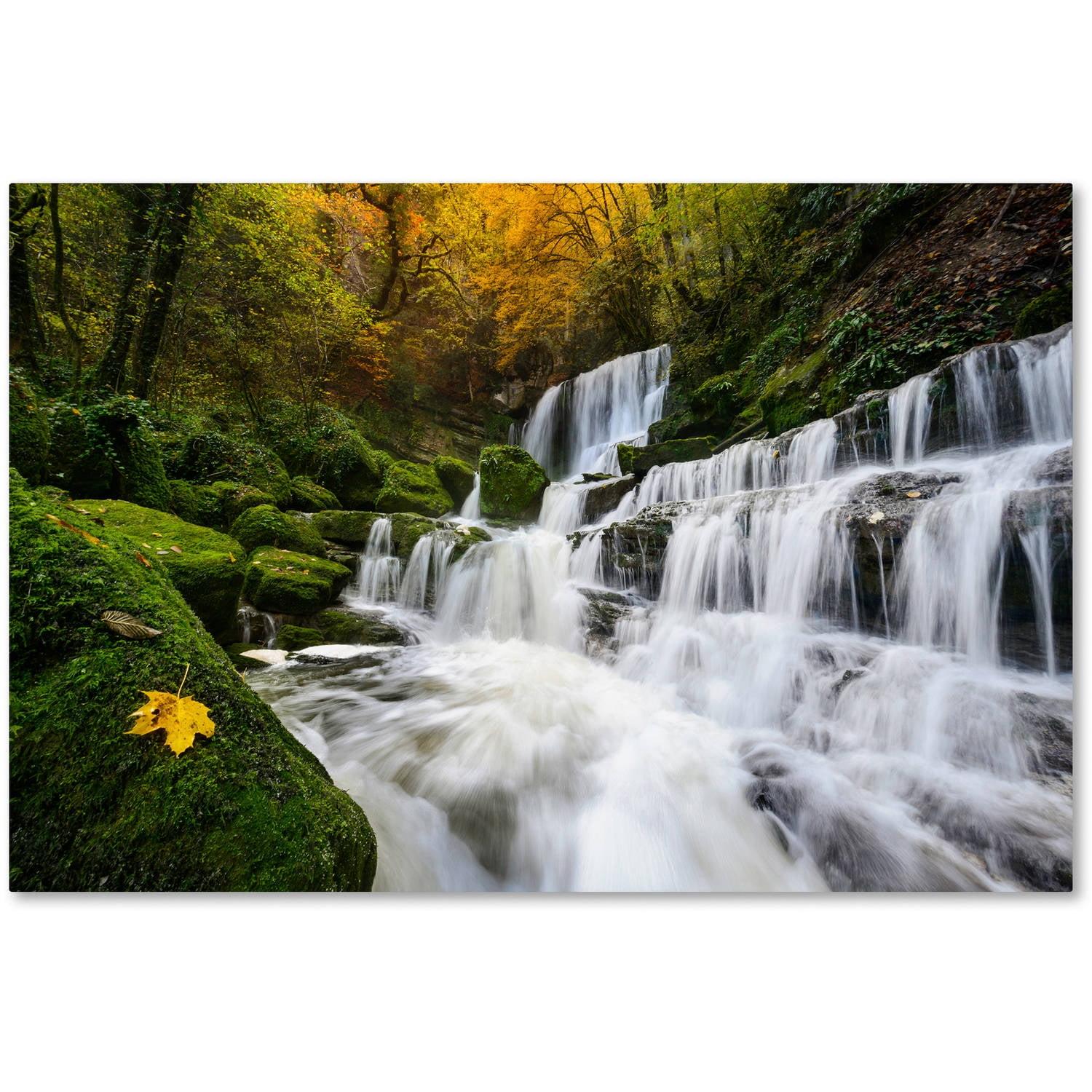 Autumn Waterfall Landscape Framed Canvas Art 22" x 32"