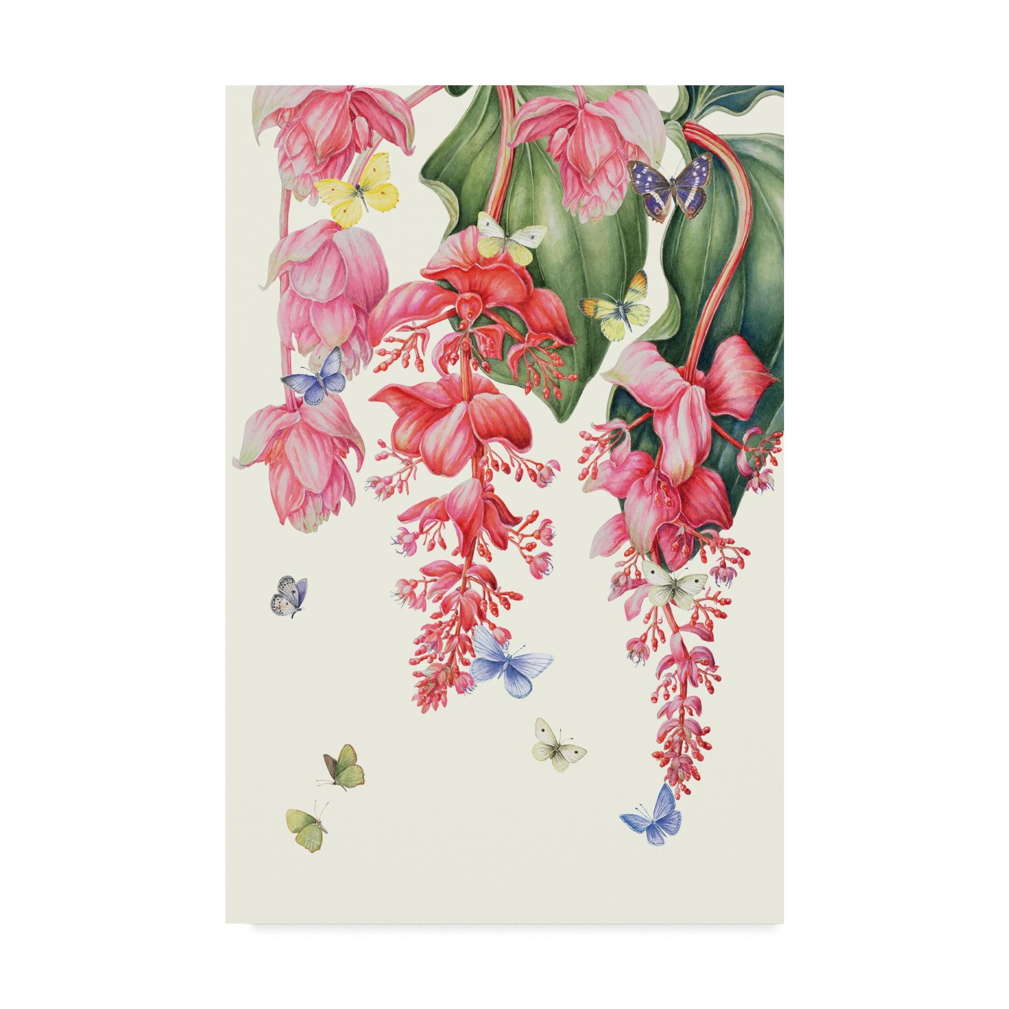 Medinilla Pink Floral Canvas Art with Butterflies, 12 x 19