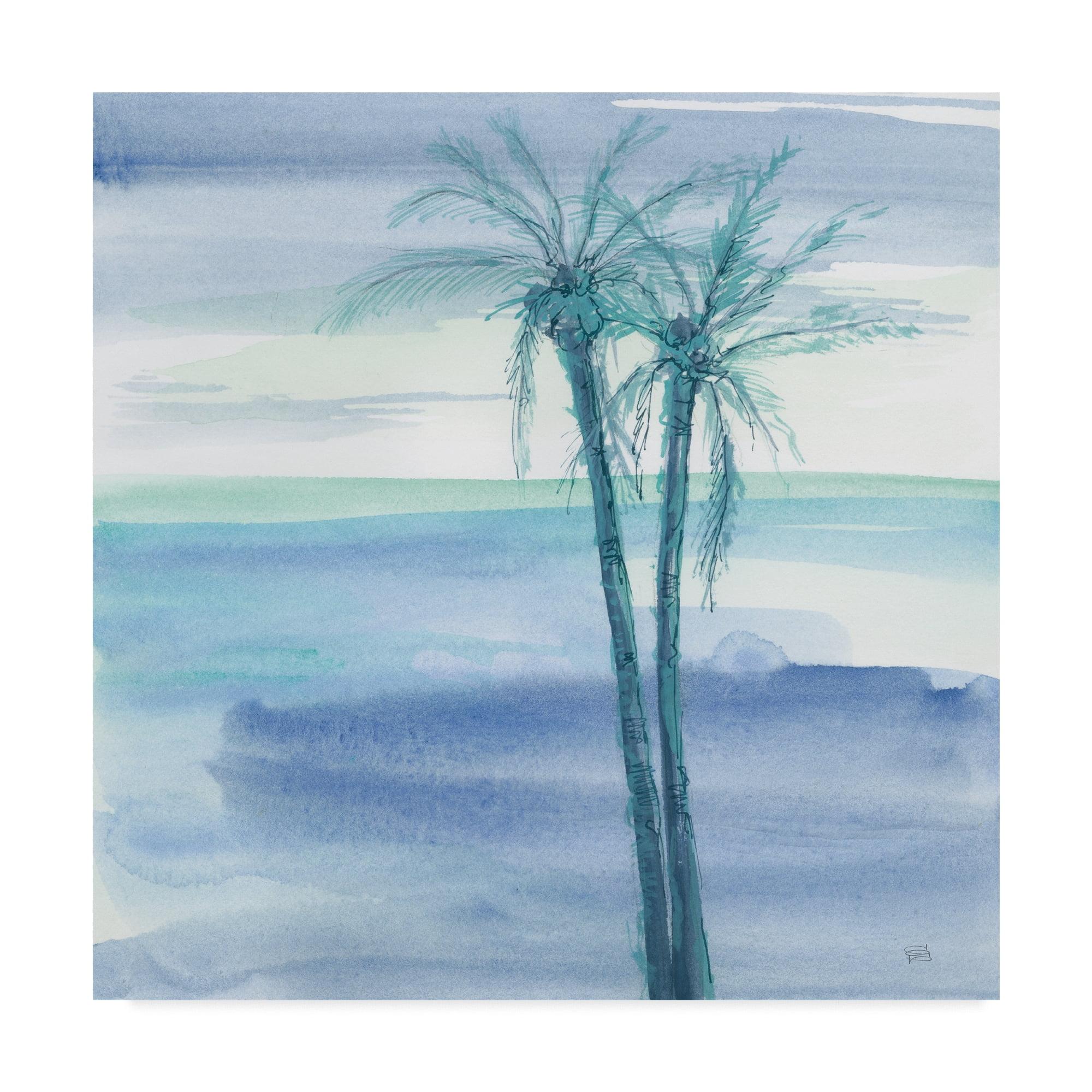 Peaceful Dusk Tropical Landscape 14" Blue Watercolor Canvas Art