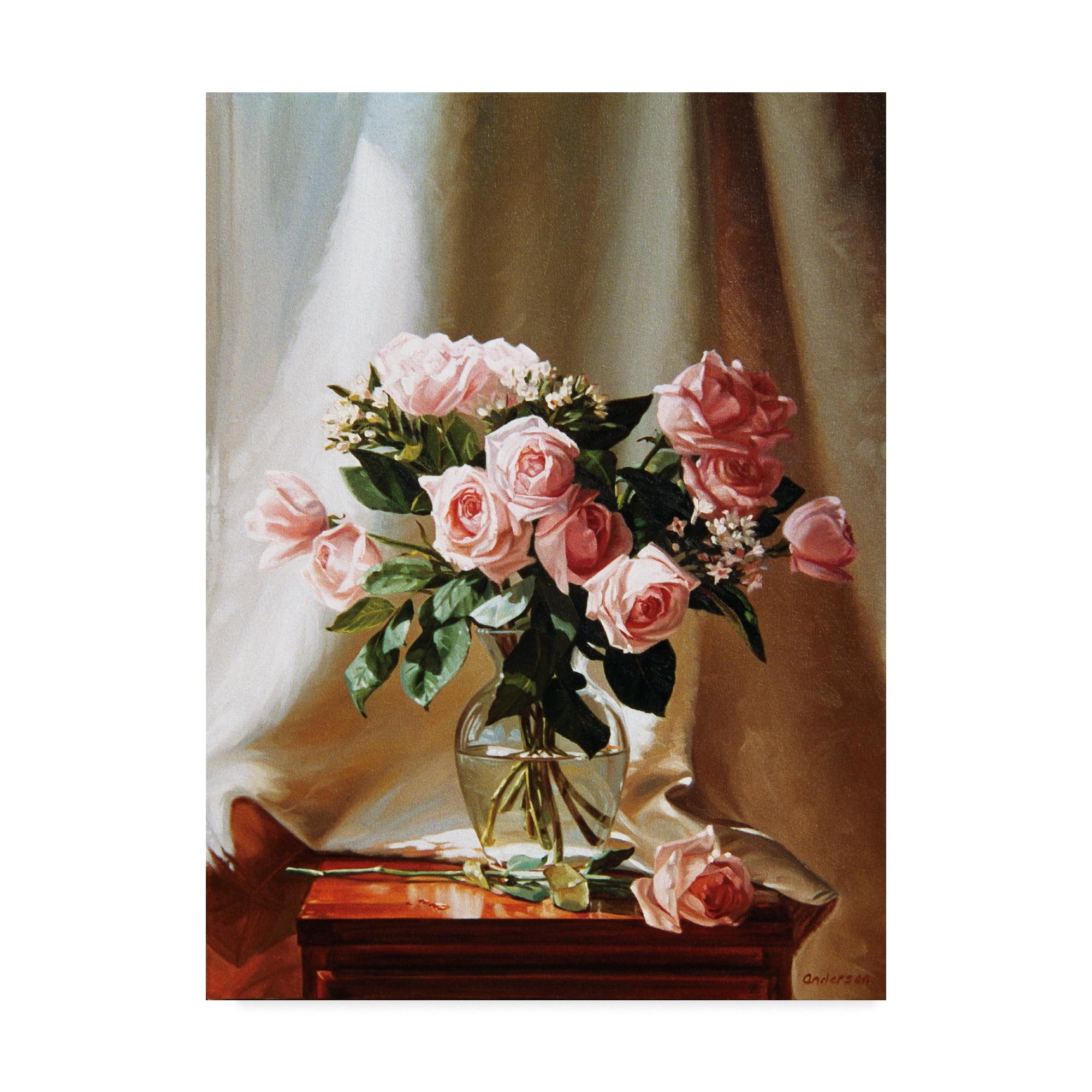 Pink Roses in Clear Vase Mid-Century Modern Canvas Art