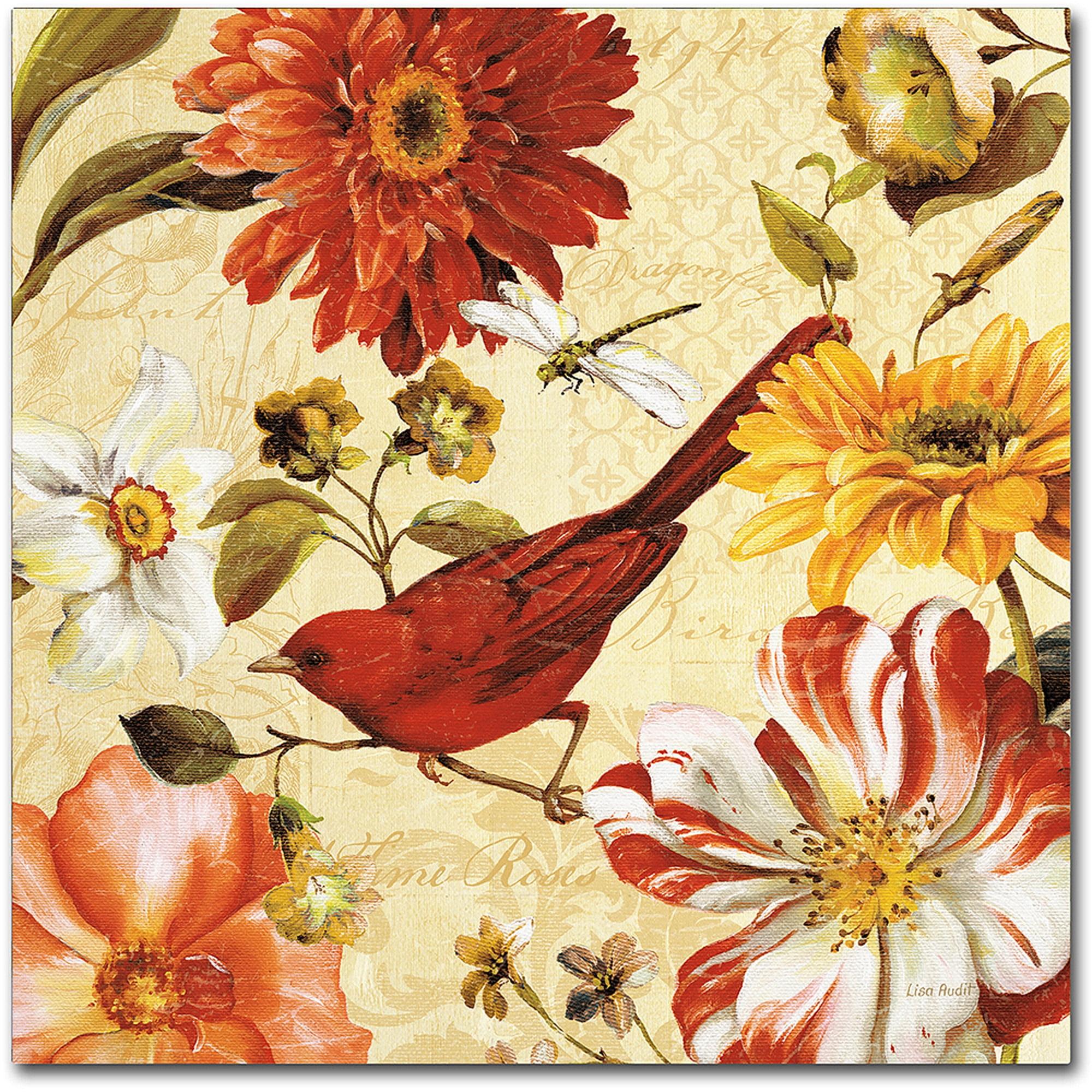 14" x 14" Multicolor Canvas Graphic Art with Floral and Bird Design