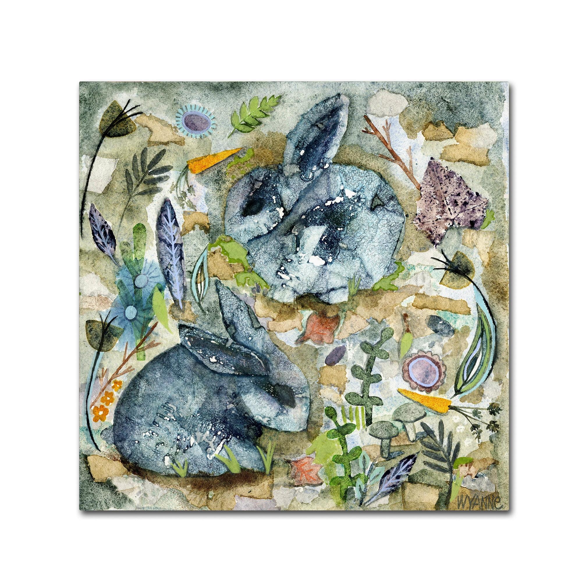 Rainy Day Rabbits Eclectic Canvas Art with Wooden Frame