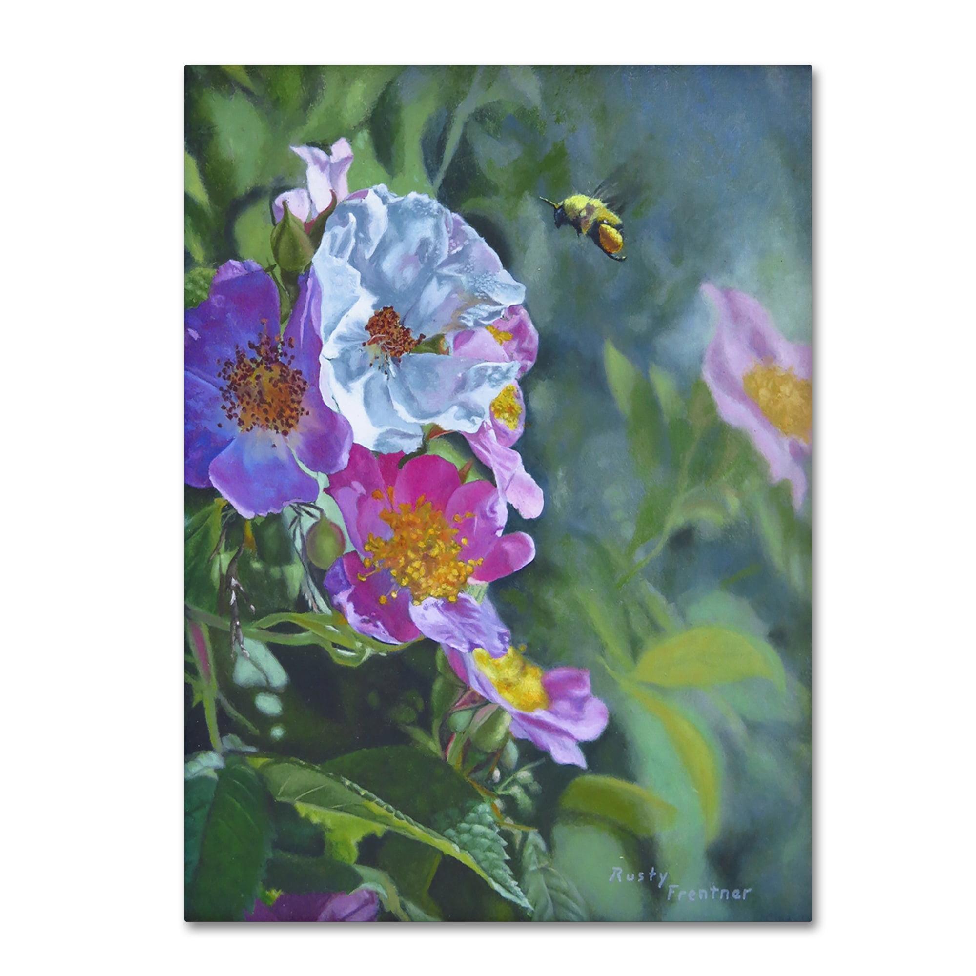 Wild Roses and Bee Floral Canvas Art in Pink and Purple