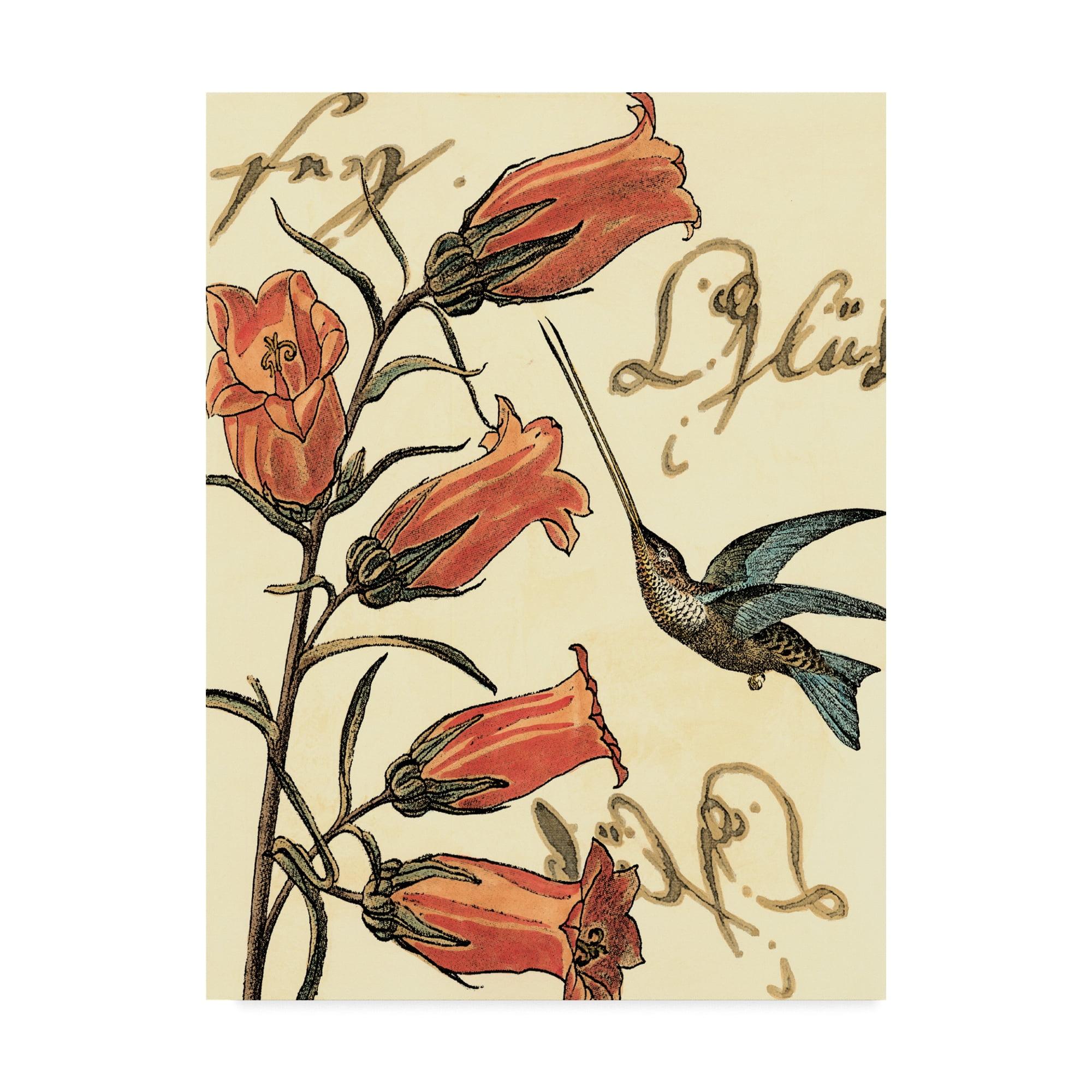 Mid-Century Modern Hummingbird and Red Flowers Canvas Art